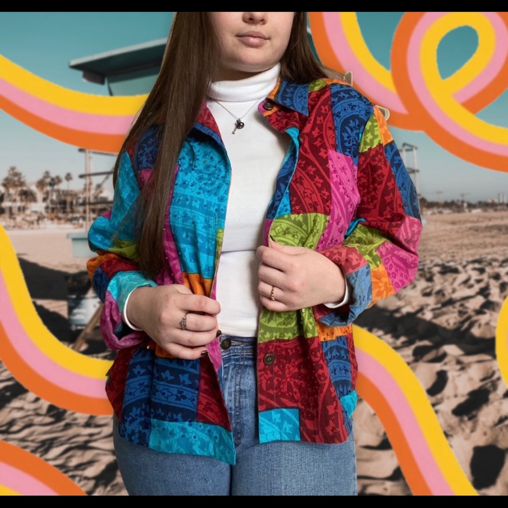 Rainbow patterned patchwork sequined jacket